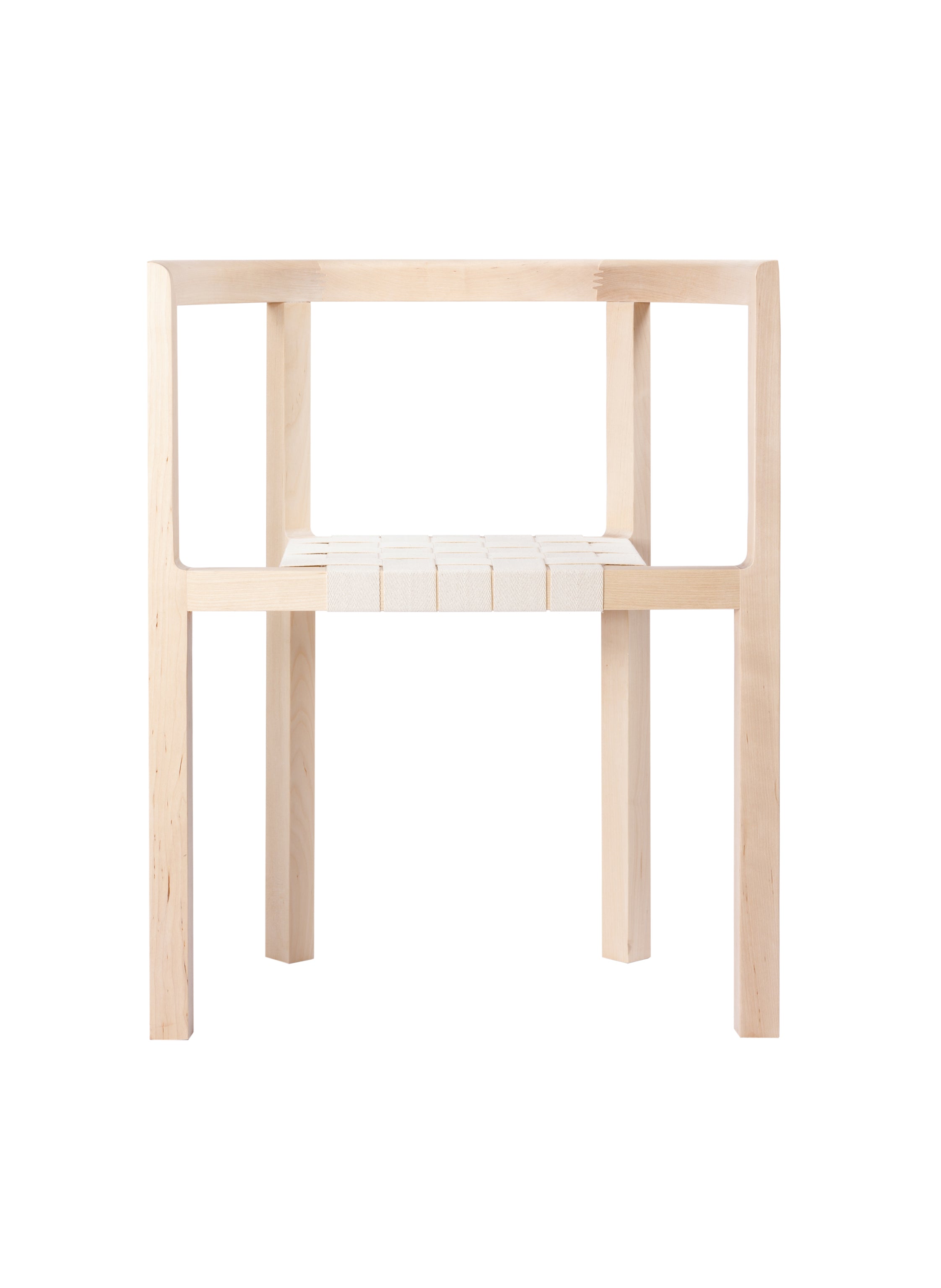 A minimalistic armchair made of solid birch wood with a simple design, featuring a flat seat and backrest.